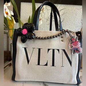 Valentino Garavani Canvas Rockstud VLTN 2-Way Tote-Ivory with Black Leather Trim